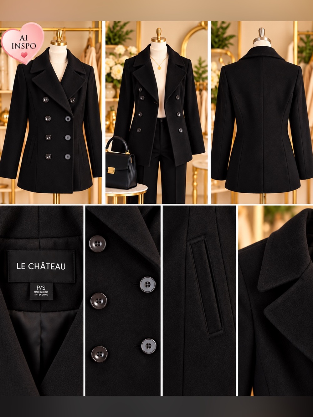 Le Château Black Double-Breasted Tailored Pea Coat Size S